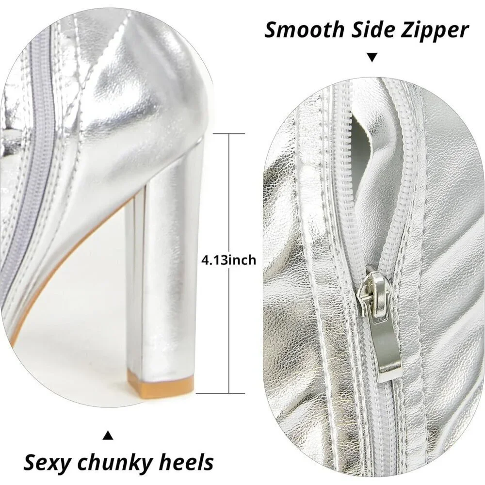 Women Silver Chunky Heel Over The Knee Patent Leather PU Stretchy Tall Boot